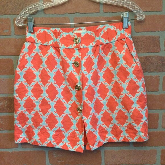 Kate Spade women’s mini Skirt Size 0 button front orange & blue triangle print